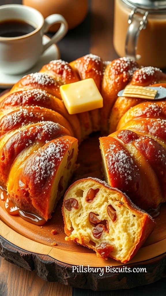 Pillsbury Biscuit Monkey Bread Recipe Golden-brown monkey bread made from Pillsbury biscuits, served on a wooden platter with melted butter and powdered sugar.